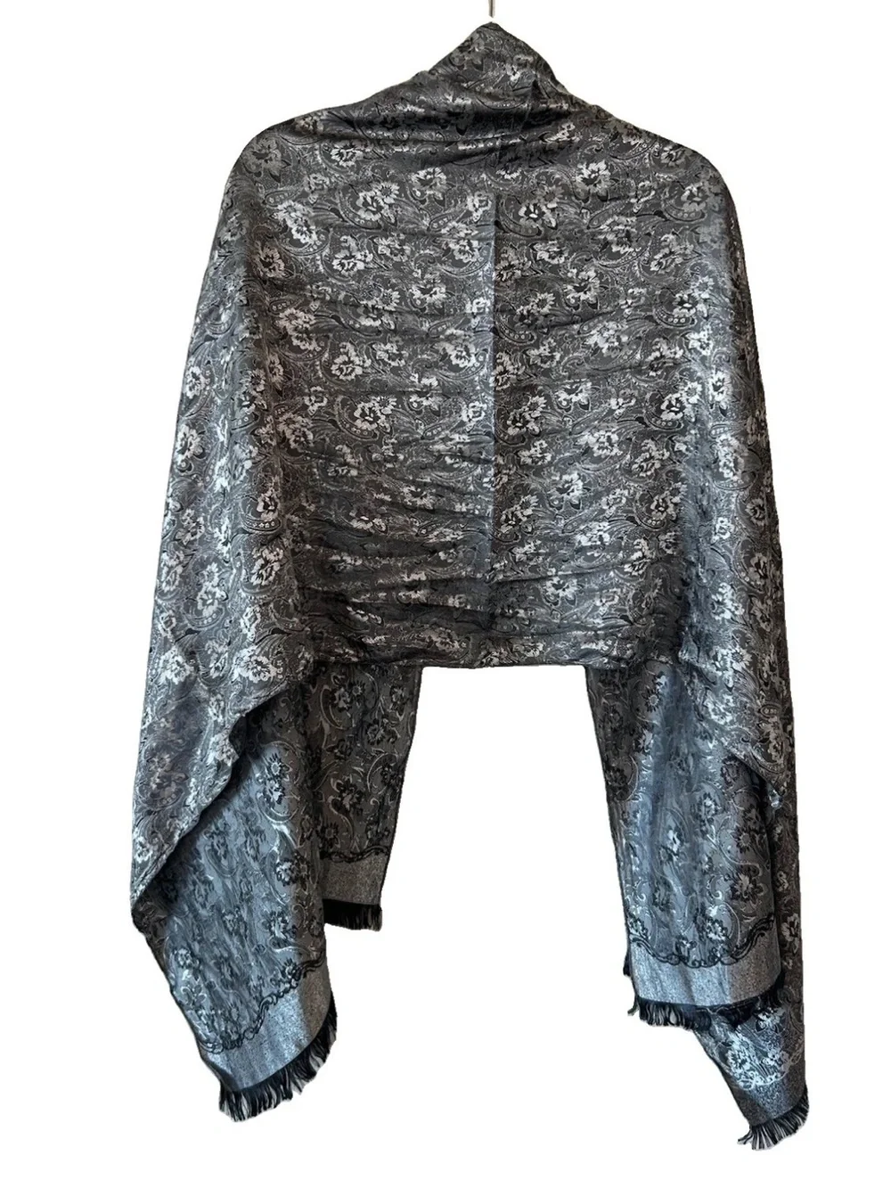 Vintage Thai Silk 100% Silk Shawl Wrap Silver Black Paisley Brocade Fringe 73in